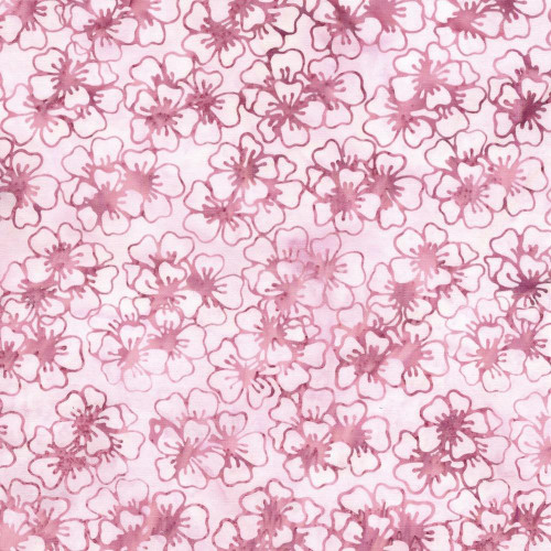 Lumin Fabrics Island Batik Cherry Blossom Large Blossoms Red Shell, pink fabric with large cherry blossom floral pattern in red shell outline.