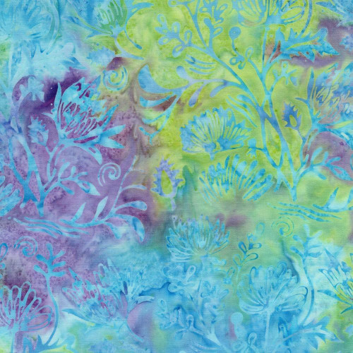 Lumin Fabrics Island Batik Garden Bloom Floral Scene Multi Purple Green Flourite, colorful fabric with floral and botanical design in purple, green, and blue hues.