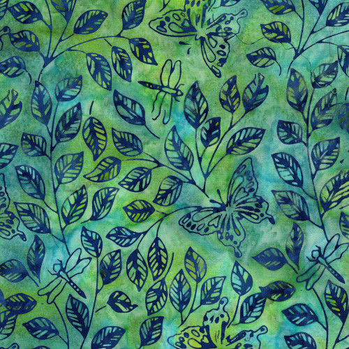 Lumin Fabrics Island Batik Enchanted Flutter Butterfly Dragonfly Leaves Multi Blue Green Marbles