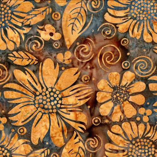 Lumin Fabrics Island Batik Bloom Grove Large Floral Brown Coffee, fabric with large orange floral and swirl patterns on a brown coffee background.