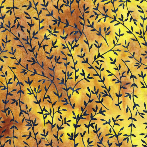 Lumin Fabrics Island Batik Radiant Wings Vine Coordinate Gold Acorn, fabric with a vibrant golden background featuring navy blue vine and leaf pattern.