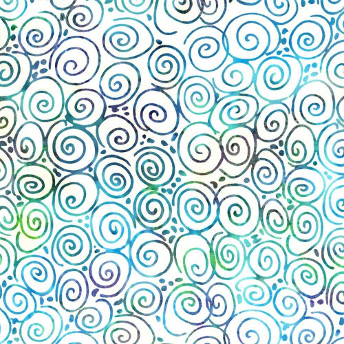 Lumin Fabrics Island Batik Under the Sea Spiral Neutral Cream, fabric pattern featuring blue, green, and navy spiral and swirl designs.