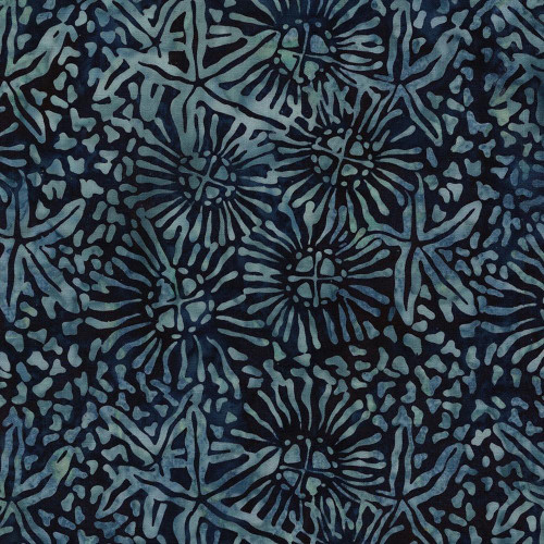 Lumin Fabrics Island Batik Starry Seas Starfish Marine Blue Storm, fabric with marine blue starfish and seaweed patterns on a dark background.