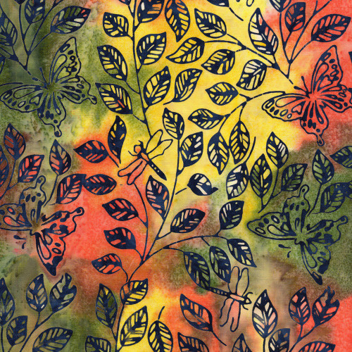 Lumin Fabrics Island Batik Radiant Wings Butterfly Dragonfly Leaves Multi Yellow Green Orange
