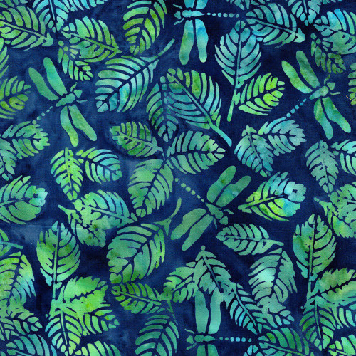 Lumin Fabrics Island Batik Enchanted Flutter Dragonfly Leaves Multi Blue Green Marbles