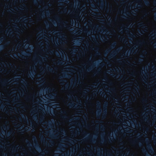 Lumin Fabrics Island Batik Radiant Wings Dragonfly Leaves Blue Storm, fabric with a dark navy blue background and a pattern of leaves, dragonflies, and wings in varying shades of blue.