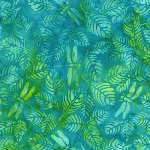 Lumin Fabrics Island Batik Enchanted Flutter Dragonfly Leaves Teal Parakeet