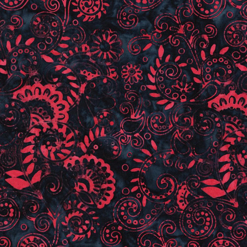 Lumin Fabrics Island Batik Paisley Parade Floral Paisley Mult Red Blue, close-up fabric pattern showcasing a vibrant paisley parade with floral elements in red and blue hues.