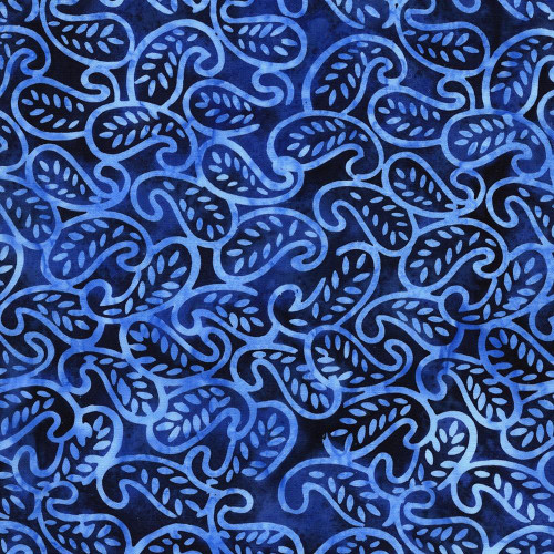 Lumin Fabrics Island Batik Paisley Parade Mini Leaf Paisley Blue Ocean, intricate blue paisley and leaf pattern on fabric.