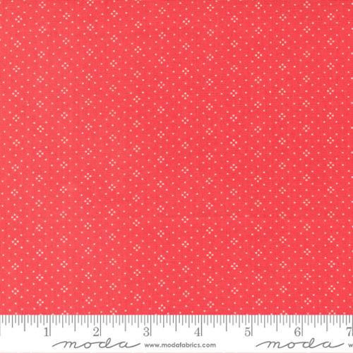 Moda Fabrics Eyelet Calico Basic Fig Tree Quilts Strawberry Red Pink, fabric with small white polka dots on a pink background.