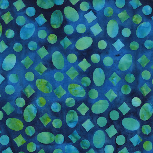Lumin Fabrics Island Batik Garden Gate Gravel Blue Cornflower, fabric featuring a blue background with green and blue geometric shapes including circles and diamonds, intricate Batik design.