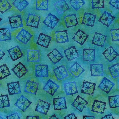 Lumin Fabrics Island Batik Garden Gate Lantern Teal Chameleon, vibrant batik fabric with a teal and green background featuring dark blue square floral pattern designs.