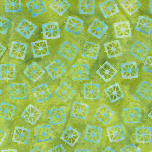 Lumin Fabrics Island Batik Garden Gate Lantern Green Lemongrass, fabric with a vibrant green and yellow background featuring blue and off-white geometric patterns.