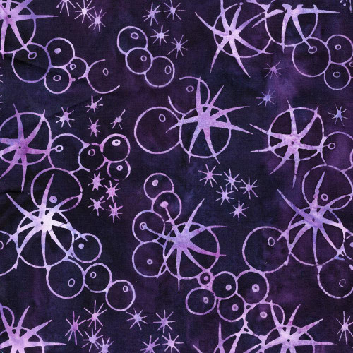 Lumin Fabrics Island Batik Under the Sea Sea Urchins Purple Blackberry, fabric with a dark purple background and light purple and lavender sea urchins and starburst patterns.