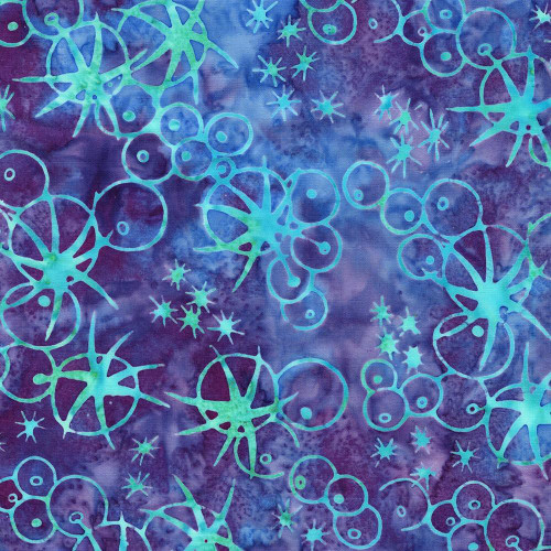 Lumin Fabrics Island Batik Under the Sea Sea Urchins Multi Blue Purple, vibrant fabric pattern with sea urchin and starburst marine motifs in blue, purple, and turquoise tones.