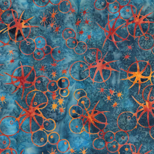 Lumin Fabrics Island Batik Starry Seas Sea Urchins Multi Blue Orange, fabric with a vibrant underwater-themed pattern of orange sea urchins and starfish on a blue background.