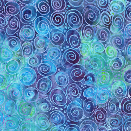 Lumin Fabrics Island Batik Under the Sea Spiral Multi Green Purple Mardi Gras, a vibrant fabric with a swirling underwater ocean motif in shades of green, purple, and blue.