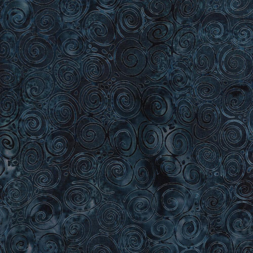 Lumin Fabrics Island Batik Starry Seas Spiral Blue Midnight Blue Fabric, Islamic style with blue spirals and swirling patterns.