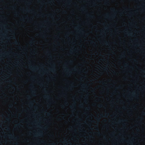 Lumin Fabrics Island Batik Starry Seas Sea Weed Blue Midnight Blue, dark navy fabric with intricate seaweed and starry ocean-themed patterns.
