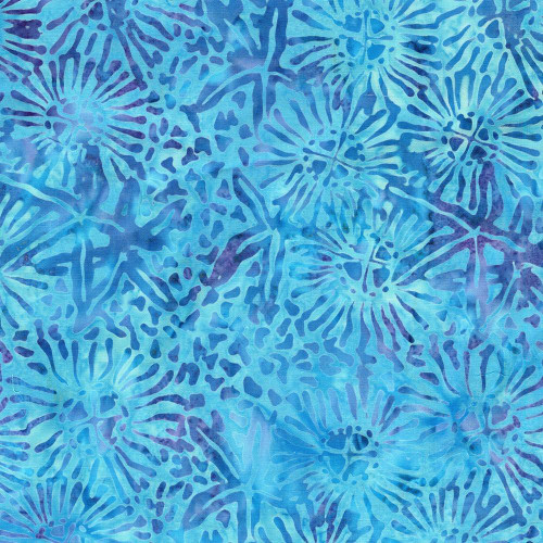 Lumin Fabrics Island Batik Under the Sea Starfish Marine Teal Pool, fabric with blue starfish and marine life patterns on a teal background.