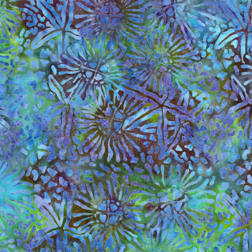 Lumin Fabrics Island Batik Under the Sea Starfish Marine Multi Green Purple Mardi Gras, colorful batik fabric with starfish and marine life patterns in green, purple, and blue hues.