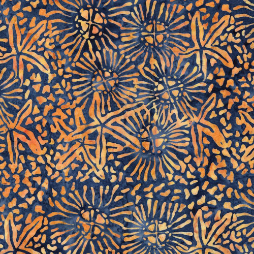 Lumin Fabrics Island Batik Starry Seas Starfish Marine Multi Blue Orange, fabric with starfish and seashell patterns in marine blue and orange colors.