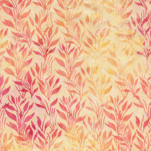 Lumin Fabrics Island Batik Hello Sunshine Vines and Leaves Yellow Parchemnt, fabric pattern featuring vines and leaves in shades of yellow, pink, and orange on a light background.