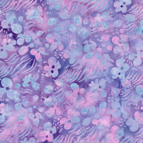 Lumin Fabrics Island Batik Garden Bloom Floral Drift Multi Purple Pink Iris, floral and abstract batik pattern in pastel purple, pink, and blue shades.