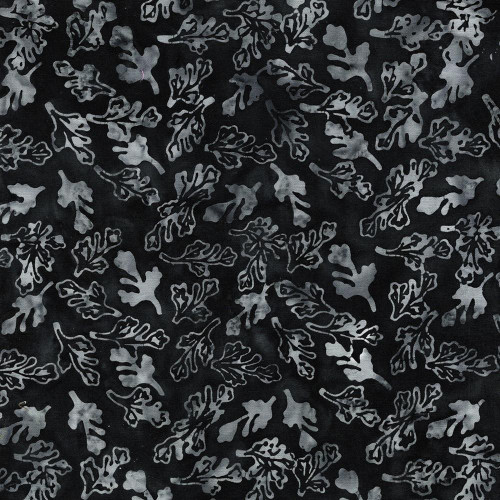 Lumin Fabrics Island Batik Cherry Blossom Leaves and Buds Black Shadow, fabric with a black background and a detailed pattern of cherry blossom leaves and buds in shades of gray.