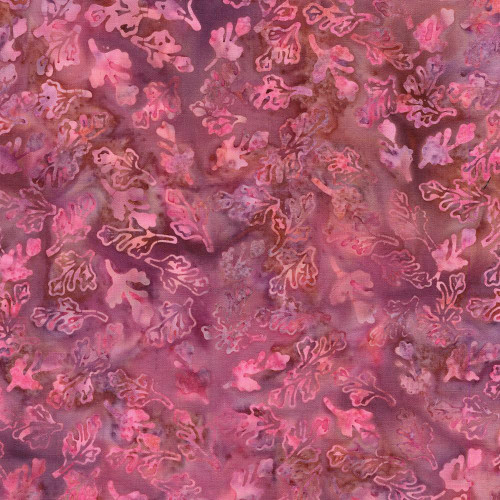 Lumin Fabrics Island Batik Cherry Blossom Leaves and Buds Multi Pink Purple, fabric showcasing a colorful pattern of cherry blossom leaves and buds in pink, purple, and brown hues.