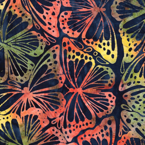 Lumin Fabrics Island Batik Radiant Wings Monarch Wings Multi Blue Yellow Red Green, butterfly pattern fabric with vibrant blue, orange, yellow, red, and green colors.