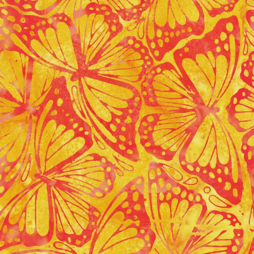 Lumin Fabrics Island Batik Butterfly Ballet Monarch Wings Multi Orange Pink, vibrant textile with a butterfly and floral pattern in orange and pink hues.