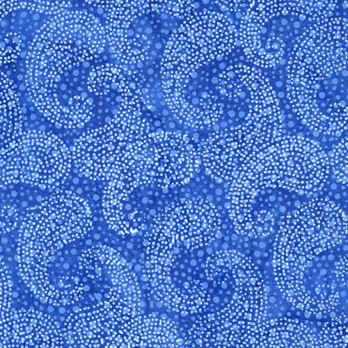 Lumin Fabrics Island Batik Paisley Parade Mini Dot Paisley Blue Bluebird, detailed pattern of blue paisley and dot motifs on fabric.