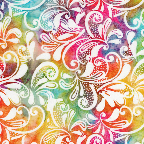 Lumin Fabrics Island Batik Paisley Pop Large Paisley Swirl Multi Yellow Pink Blue Jellybean, colorful batik fabric with large paisley swirl patterns in yellow, pink, blue, green, and orange hues.