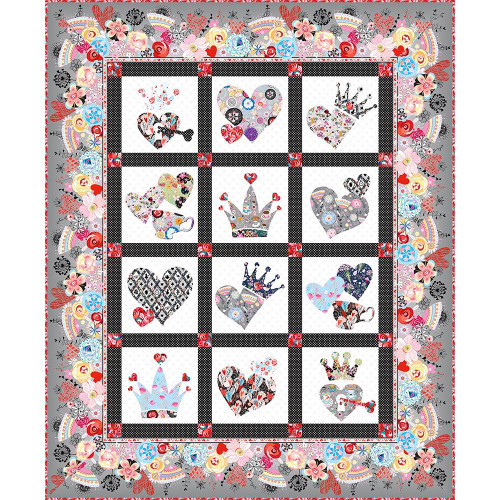 In The Beginning Fabrics Alice Queen of Hearts Quilt Kit, colorful quilt with heart, crown, and queen motifs in a patchwork design surrounded by floral and decorative border.