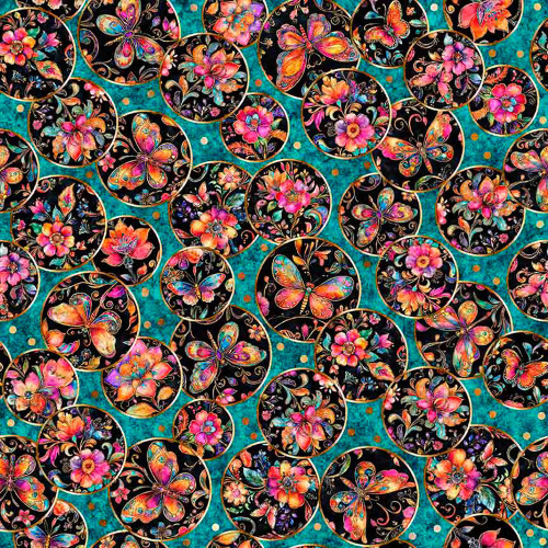 Quilting Treasures Fabrics Fluttering Gardens Dan Morris Teal Blue Flowers Butterflies Medallions