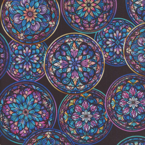 Quilting Treasures Fabrics Royale Dan Morris Black Stained Glass Floral Circles
