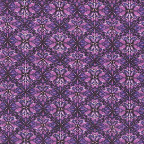 Quilting Treasures Fabrics Royale Dan Morris Purple Floral Tile, a vibrant purple fabric with a detailed floral tile pattern in shades of purple, pink, and black.