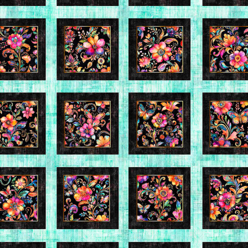 Quilting Treasures Fabrics Fluttering Gardens Dan Morris Turq Blue Butterfly Floral Block Panel