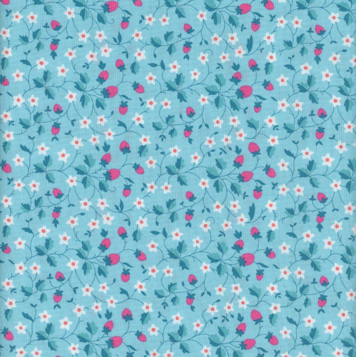 Riley Blake Fabrics Liberty Fabrics Gifts from the Garden Lasenby Cotton Aqua Blue Strawberry Vines, fabric with a detailed pattern of white flowers and pink berries with green leaves on a light blue background.