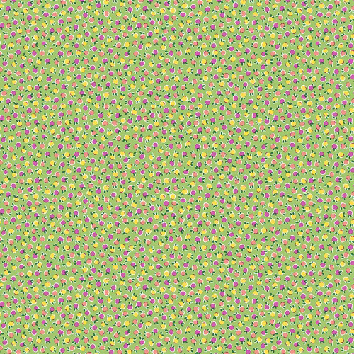 Riley Blake Fabrics Liberty Fabrics Gifts from the Garden Lasenby Cotton Pink Green Fruit Twist, colorful fabric featuring a pattern of pink, green, and yellow fruits on a green background.
