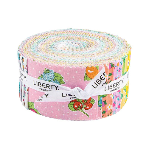 Riley Blake Fabrics Gift from the Garden Lasenby Cotton Jelly Roll Fabric Strips, colorful fabric strips with floral and fruit patterns rolled into a compact bundle.