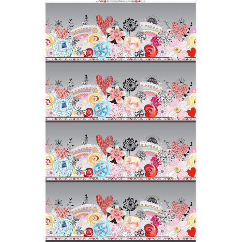 In The Beginning Fabrics Alice Blue Pink Flowers Mushrooms Birds, floral fabric pattern with pink, blue, red flowers, mushrooms, and birds on a light background.