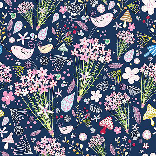 In The Beginning Fabrics Alice Blue Pink Flowers Mushrooms Birds