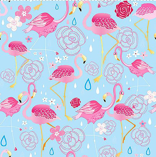 In The Beginning Fabrics Alice Blue Flowers and Pink Flamingos