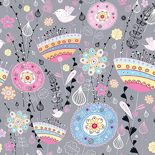 In The Beginning Fabrics Alice Garden of Flowers, colorful floral and bird pattern on gray background.