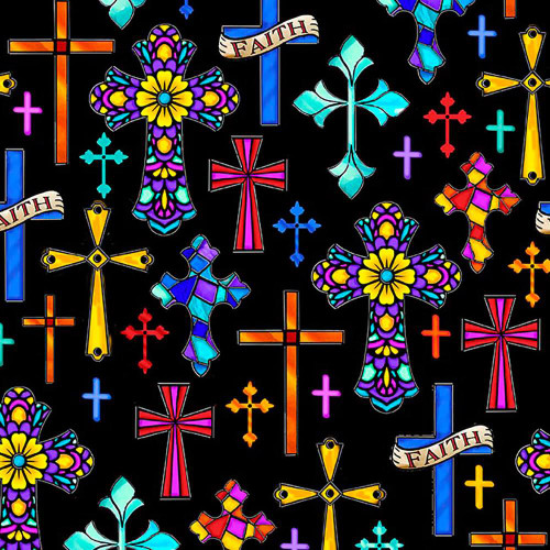 Quilting Treasures Fabrics Guardian Angel Black Ecclesiastical Crosses