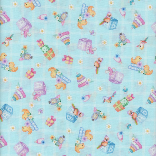 Quilting Treasures Fabrics Little Ones Helz Cuppleditch Blue Birds and Toys, colorful baby-themed fabric with illustrations of ducklings, toys, gifts, flowers, and baby bottles.
