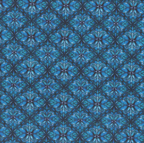Quilting Treasures Fabrics Royale Dan Morris Blue Floral Tile, intricate blue and turquoise floral and geometric quilt fabric pattern.