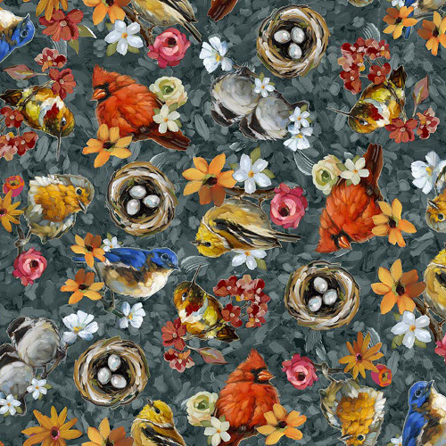 Quilting Treasures Fabrics Joyful Garden Charcoal Grey Bird Nests
